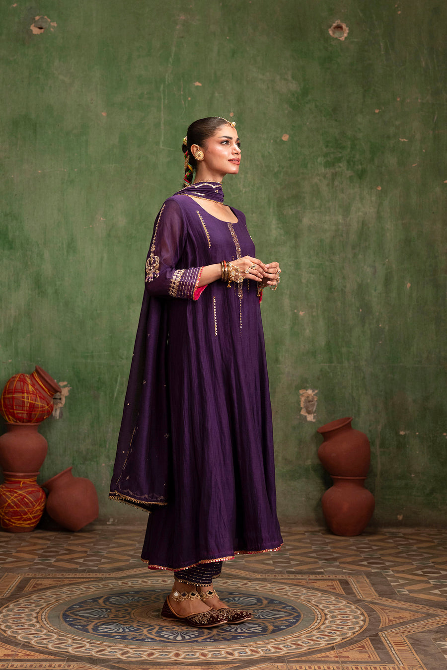 Itraati Mul Chanderi Anarkali Set in Jamuni
