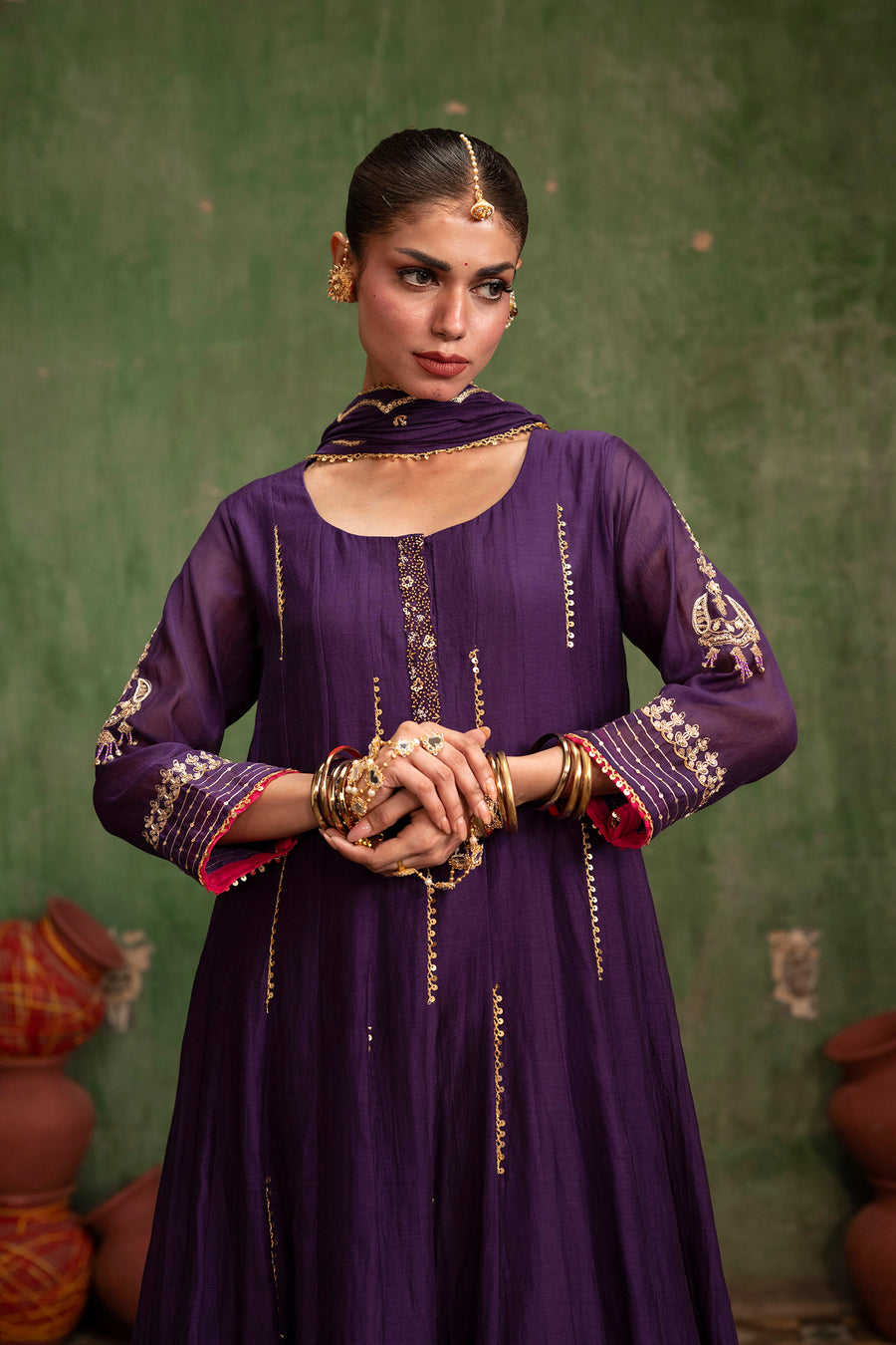 Itraati Mul Chanderi Anarkali Set in Jamuni
