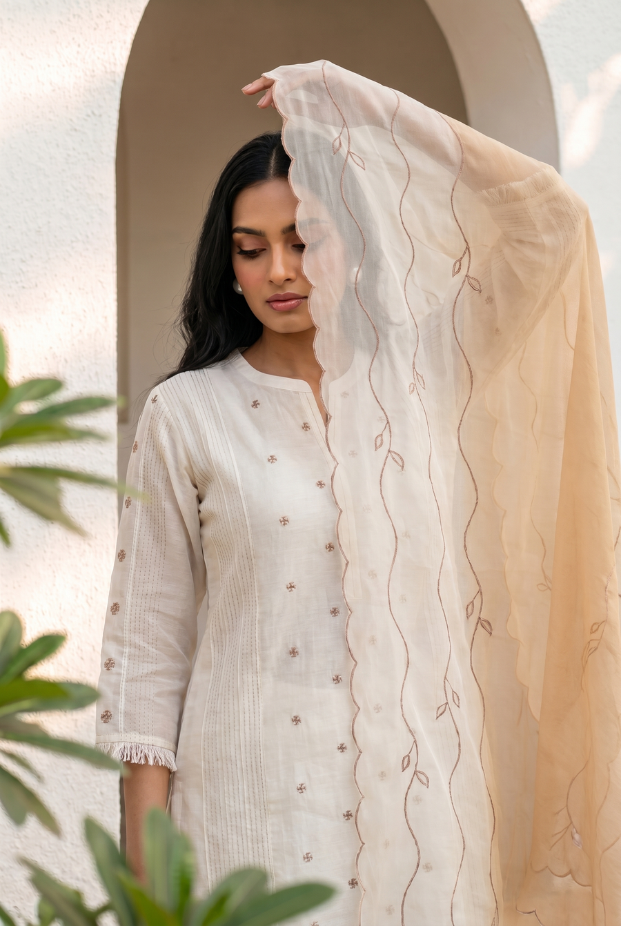 Ivory Cross-stitch & Cord Embroidered Kurta Set with Beige Ombre Dupatta