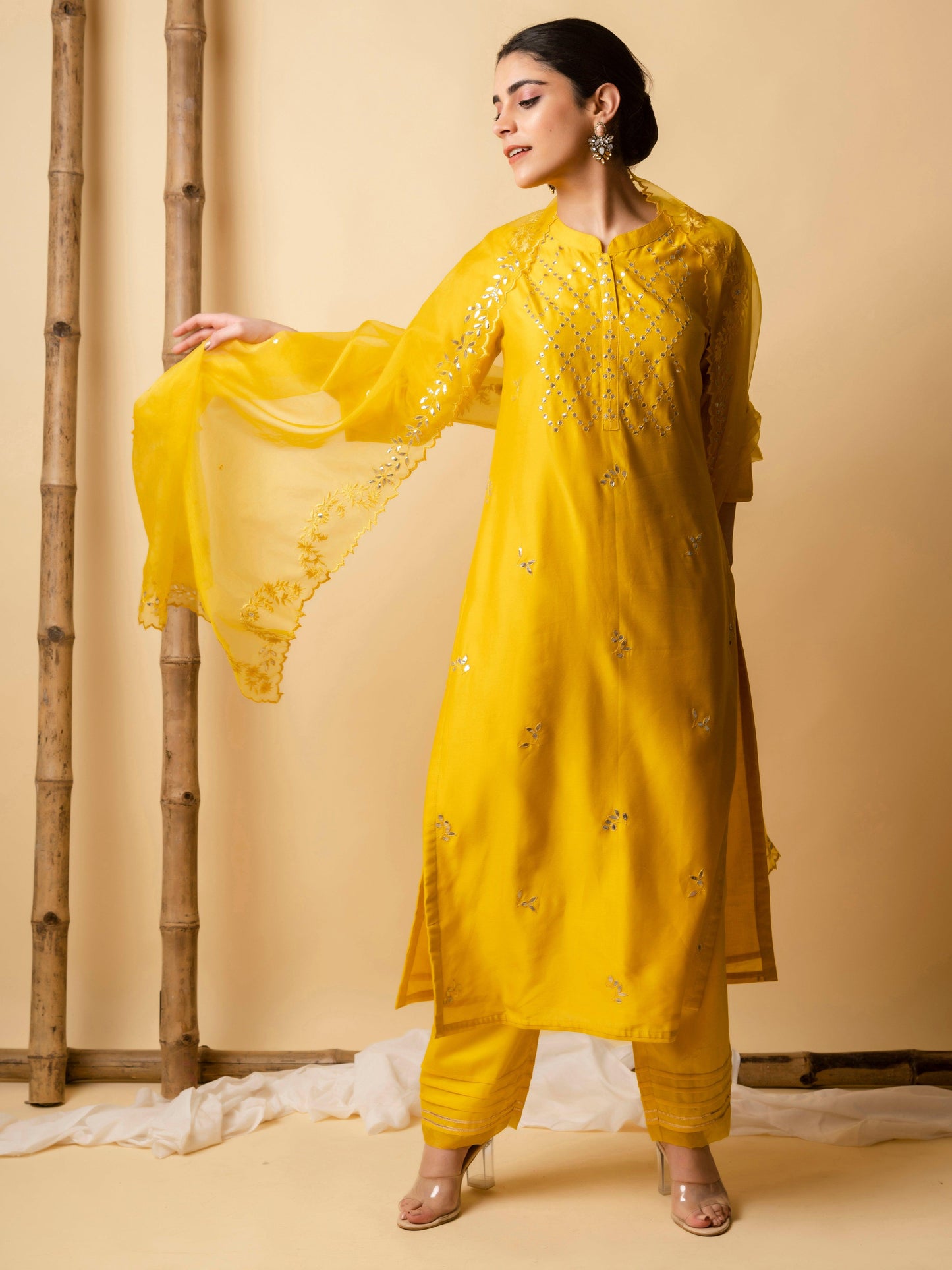 AM Jahangir Gota Kurta Set (Mustard)