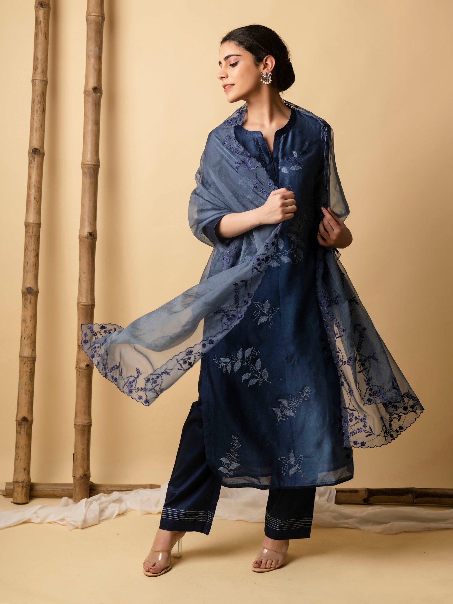 AM Leaf Applique Kurta Set (Midnight Blue)