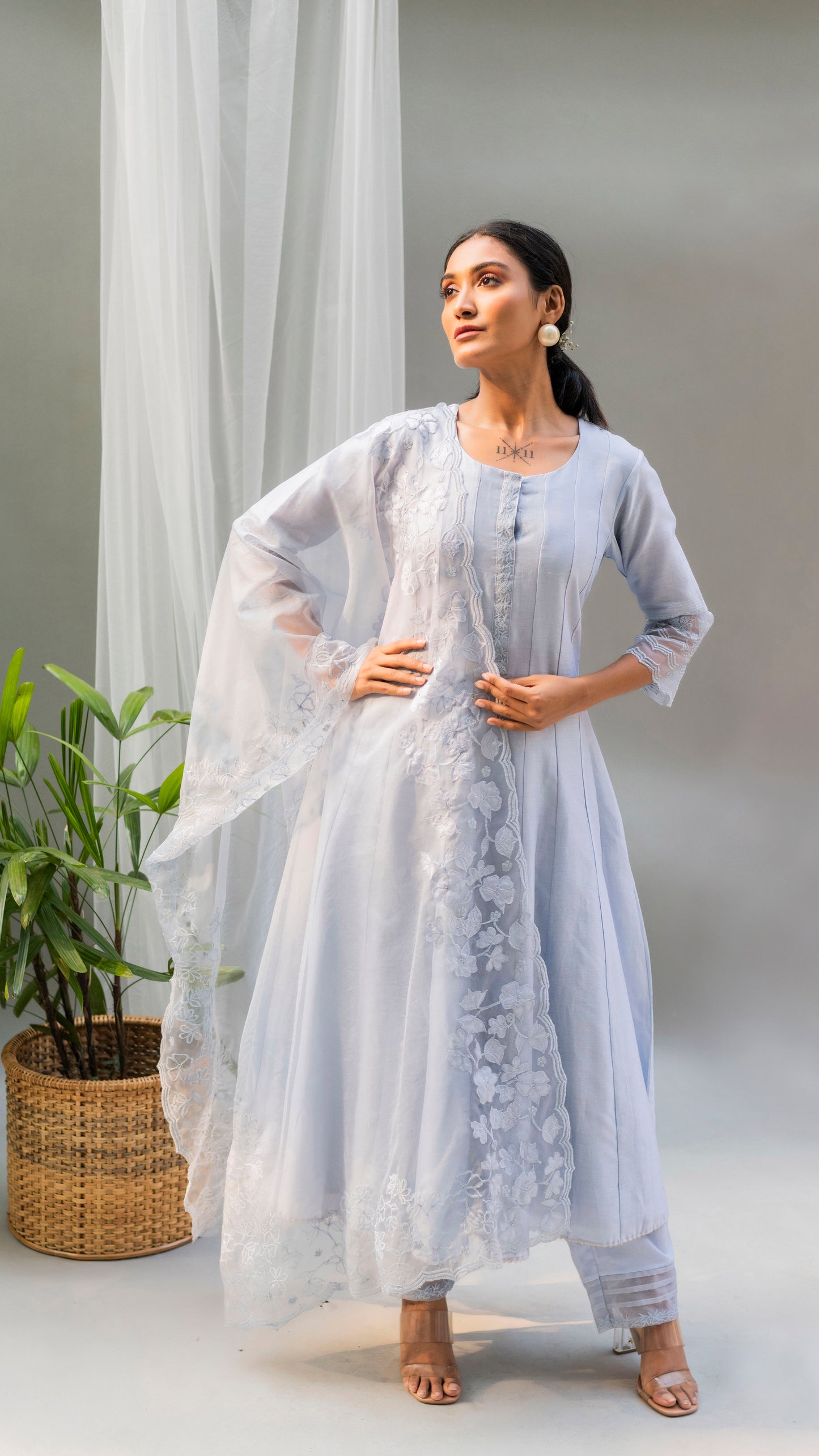 Nysa Applique Anarkali Set (Steel Blue)