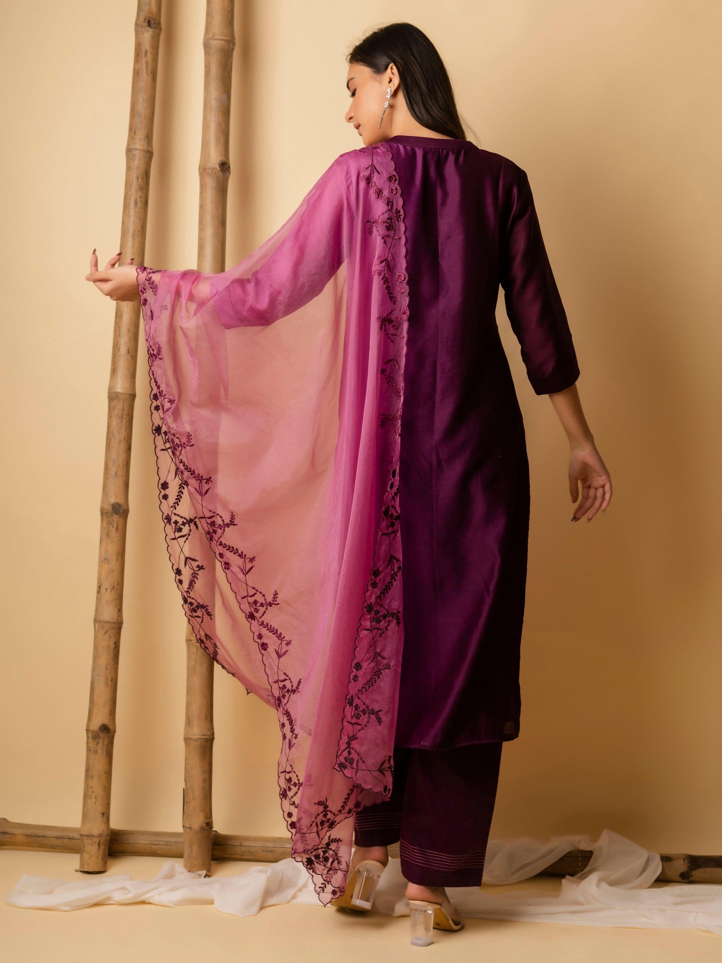 AM Leaf Applique Kurta Set (Wine)