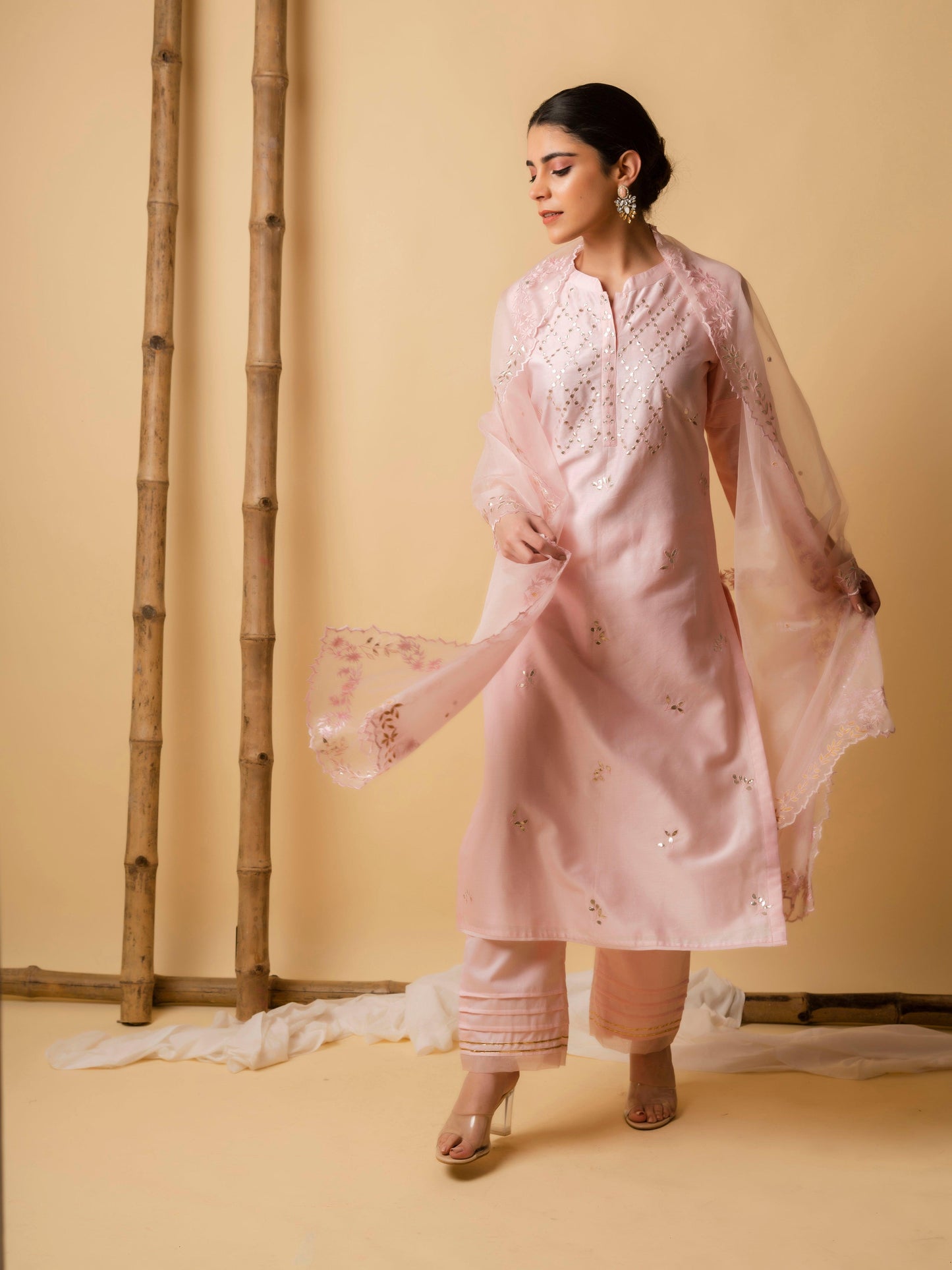 Gota-Cord Kurta Set (Millennial Pink) - AM