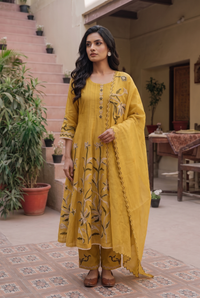 Surkhi Mul Chanderi Anarkali Set in Maize Yellow