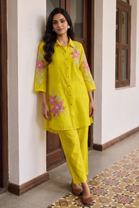 Ira Mul Chanderi Co-ord Set in Lime Yellow