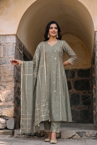 Raha Mul Chanderi Mukaish Anarkali Set in Moss Green