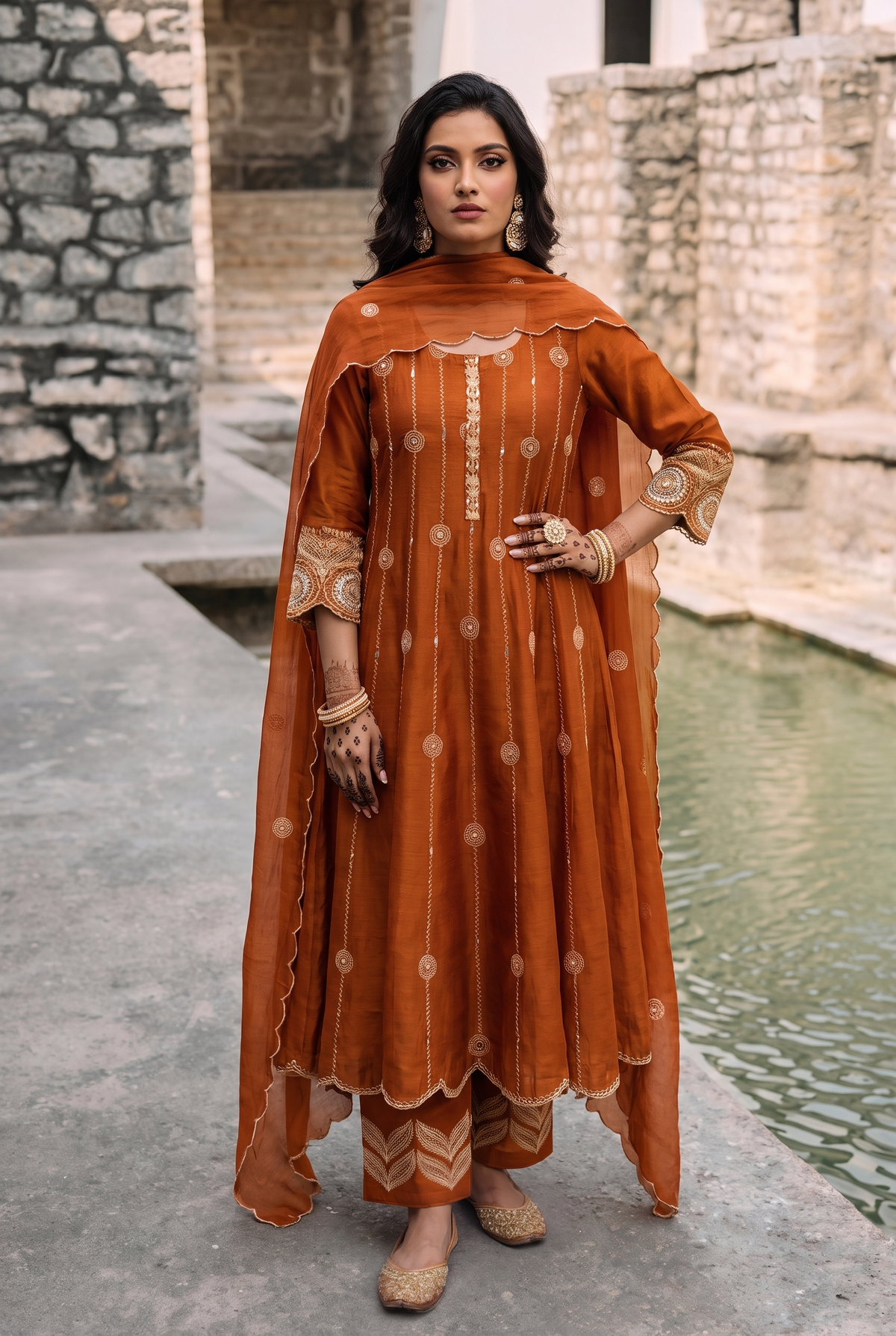 Deewani Silk Chanderi Anarkali Set in Red Berry