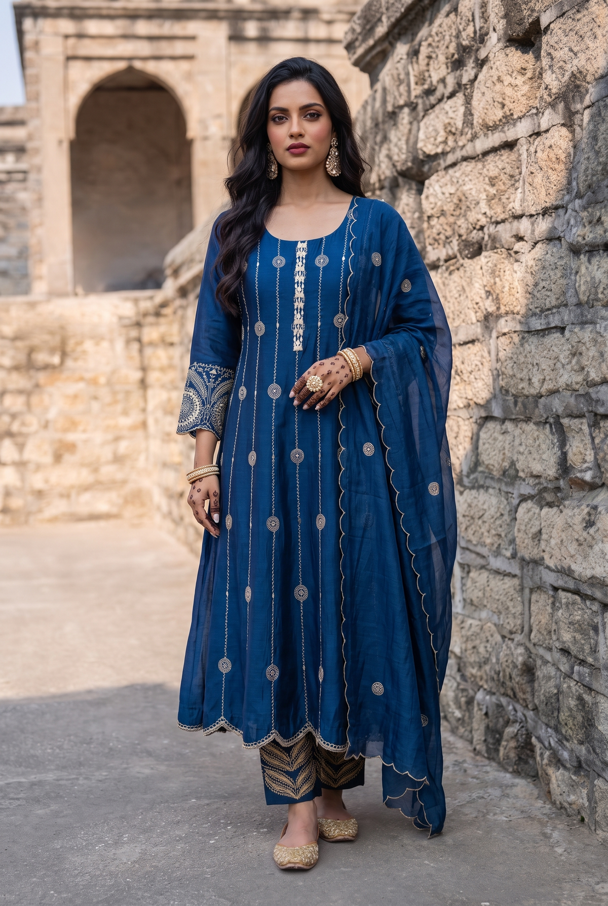 Deewani Silk Chanderi Anarkali Set in Red Berry