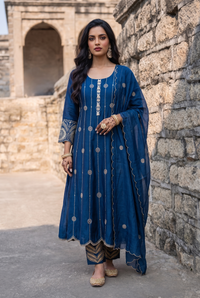 Deewani Silk Chanderi Anarkali Set in Cobalt Blue