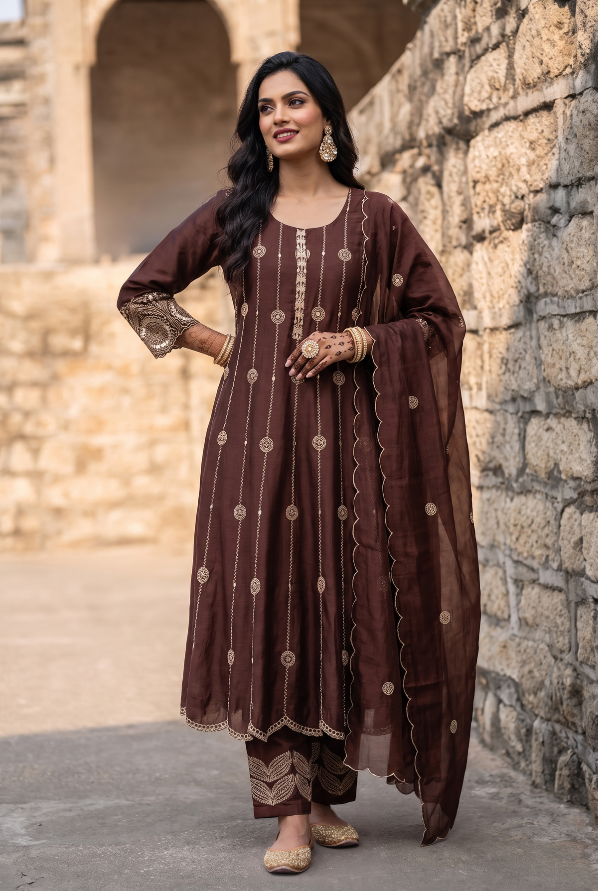 Deewani Silk Chanderi Anarkali Set in Red Berry