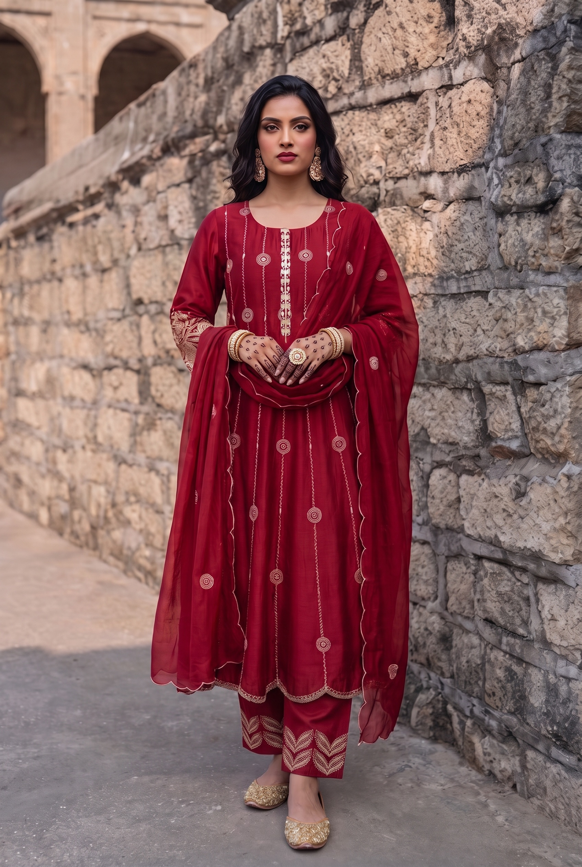 Deewani Silk Chanderi Anarkali Set in Red Berry