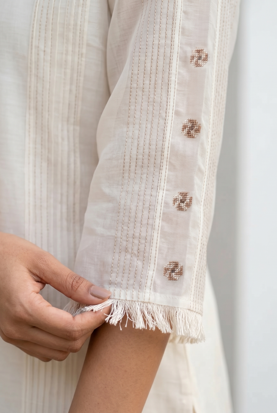 Ivory Cross-stitch & Cord Embroidered Kurta Set with Beige Ombre Dupatta
