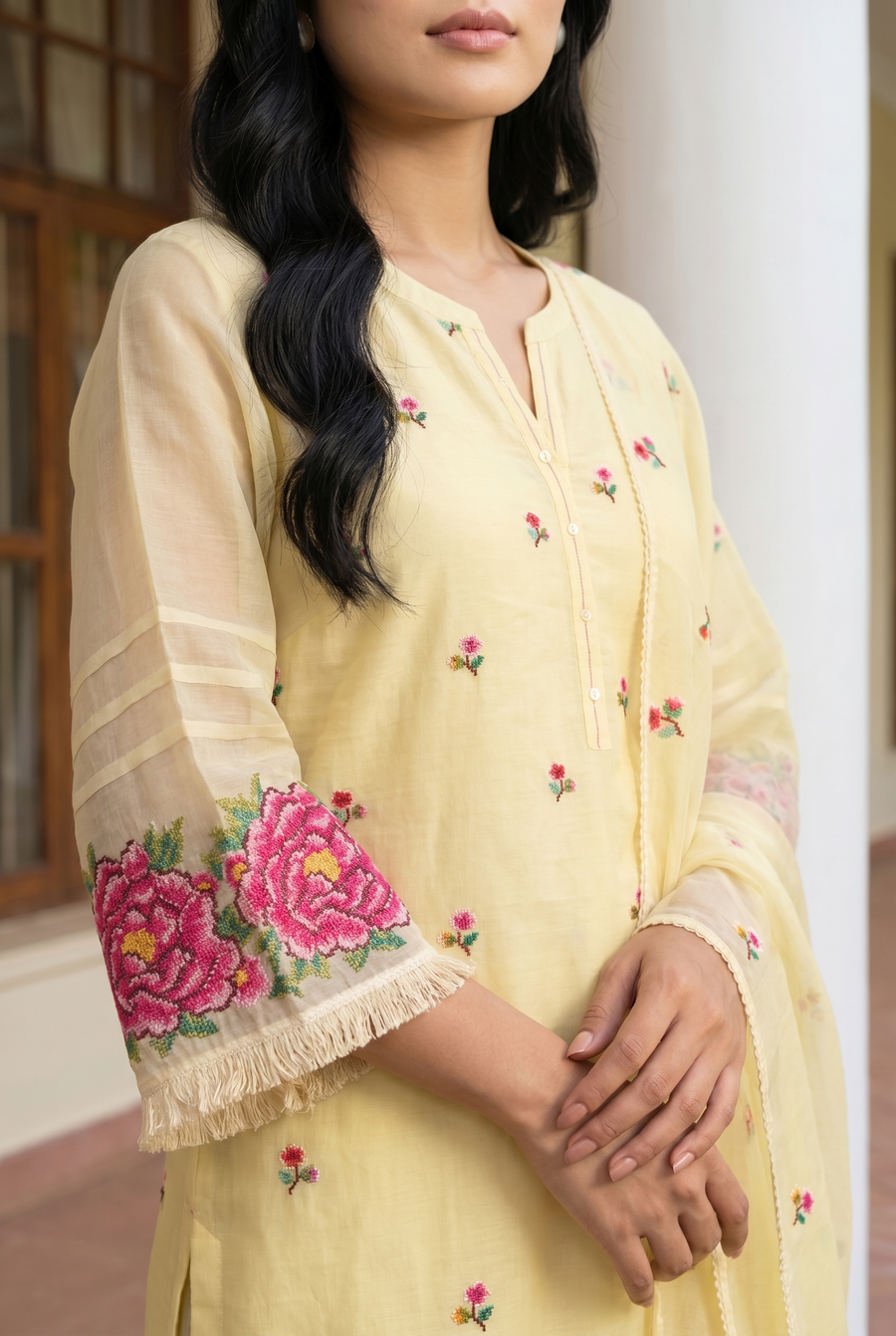 Zia Cross-Stitch Pure Mul Chanderi Kurta Set