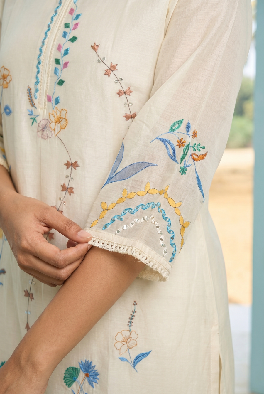 Ivory Applique and Cord Embroidered Kurta Set with Ombre Dupatta