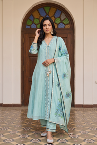 Zoa Mul Chanderi Anarkali Set in Aqua Blue