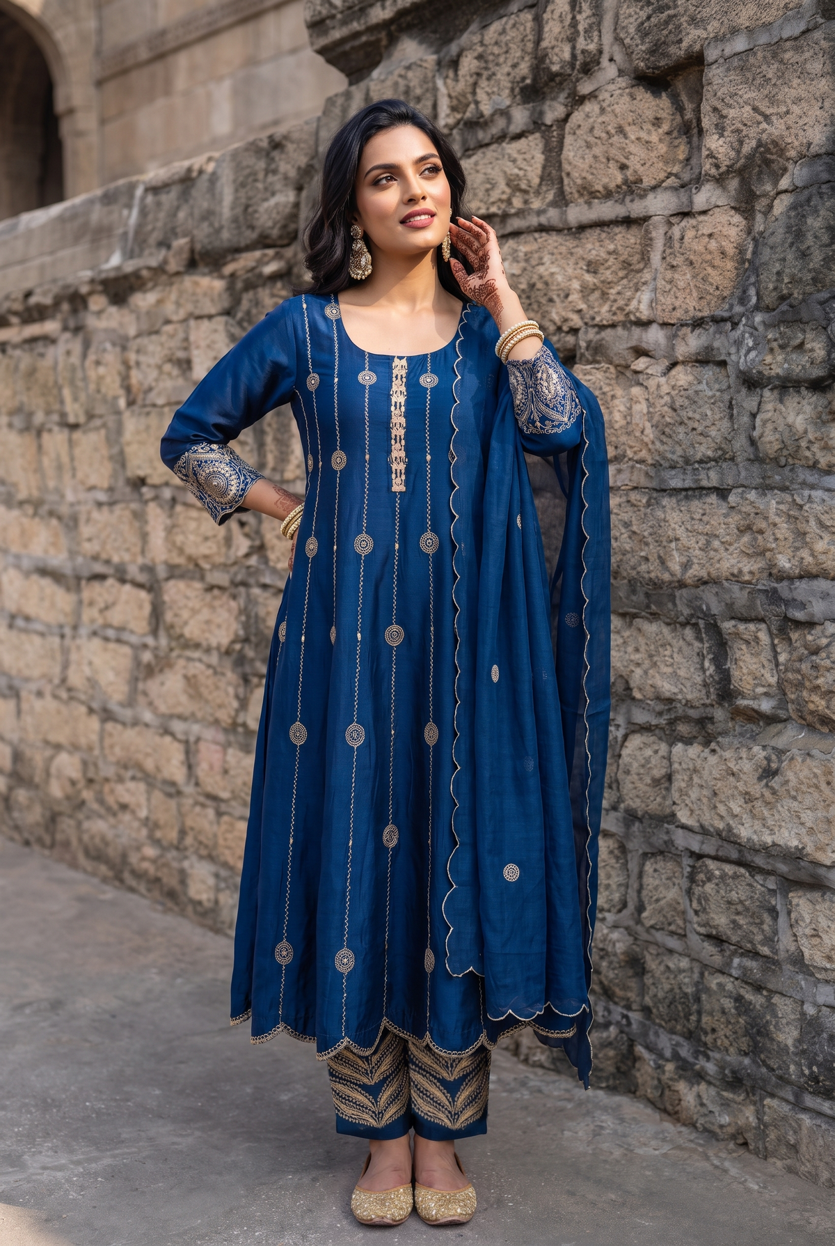 Deewani Silk Chanderi Anarkali Set in Red Berry
