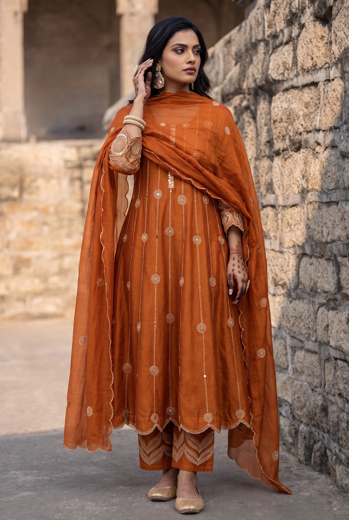 Deewani Silk Chanderi Anarkali Set in Red Berry