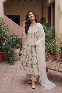 Surkhi Mul Chanderi Anarkali Set in Pearl White