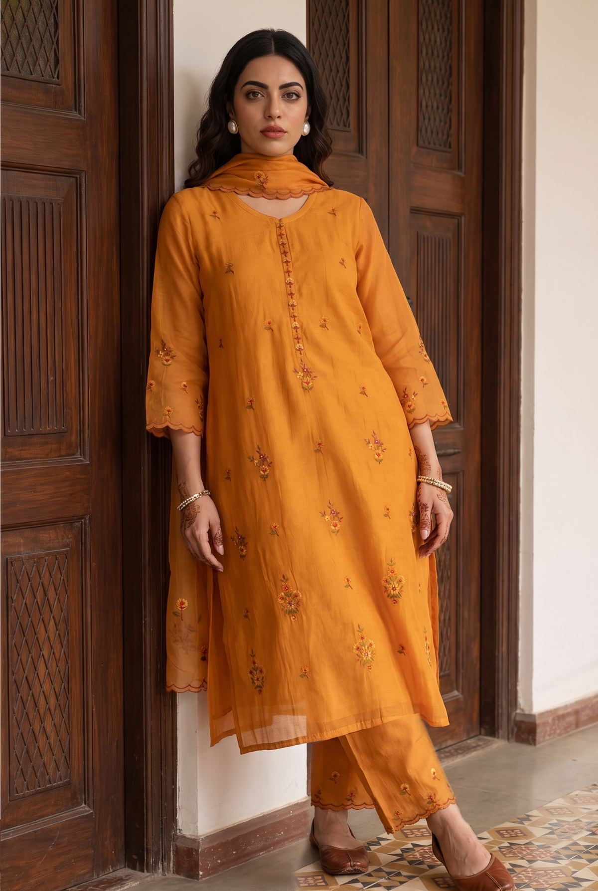 Veya Thread Embroidered Kurta Set in Vintage Orange