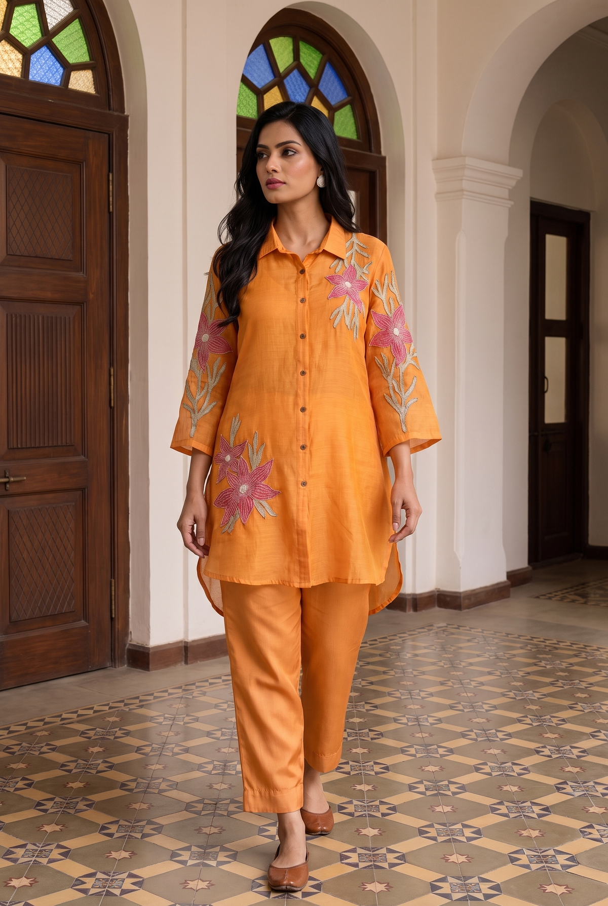 Ira Mul Chanderi Co-ord Set in Sunset Orange