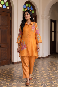 Ira Mul Chanderi Co-ord Set in Sunset Orange