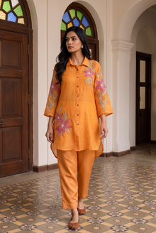 Ira Mul Chanderi Co-ord Set in Sunset Orange