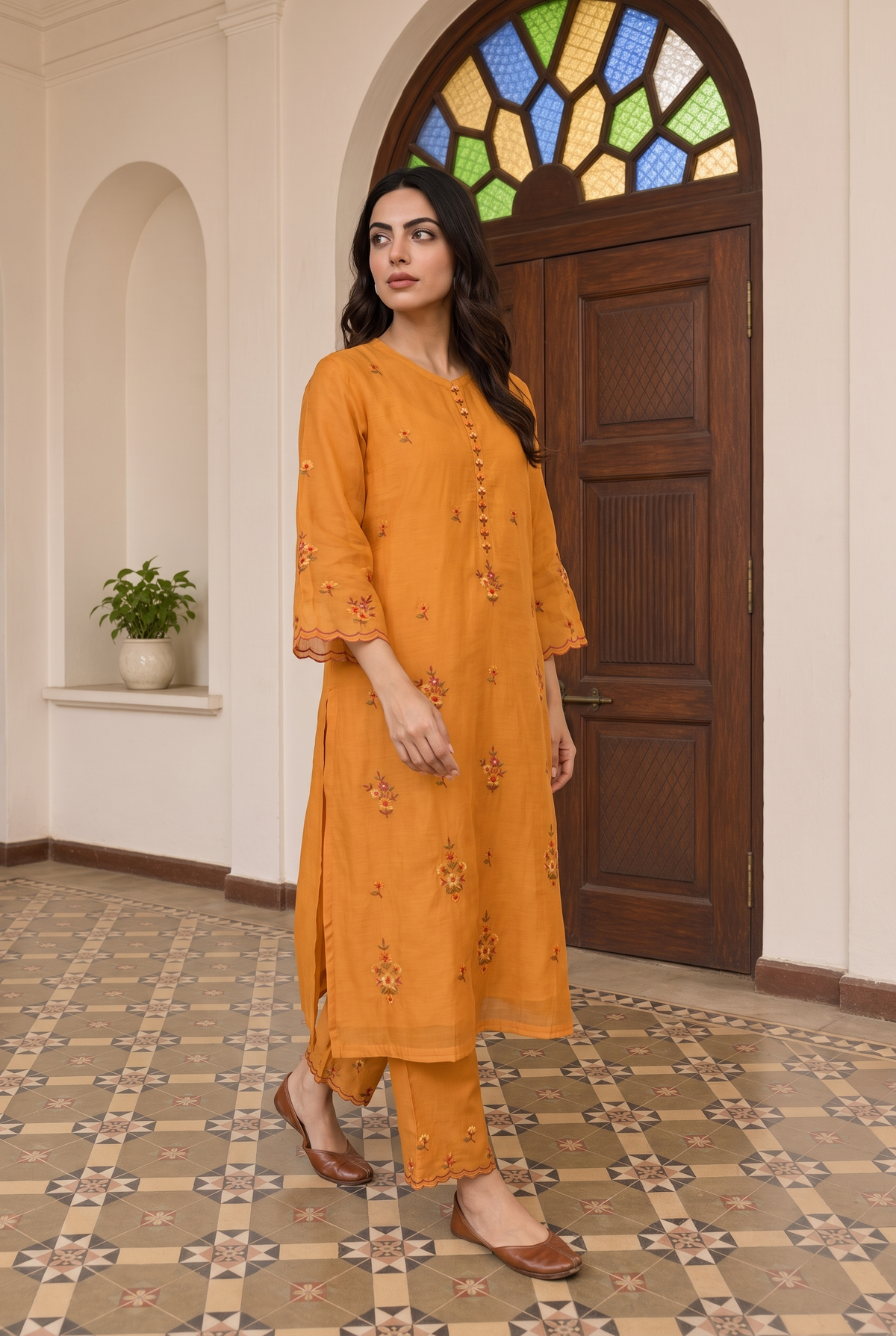 Veya Thread Embroidered Kurta Set in Vintage Orange