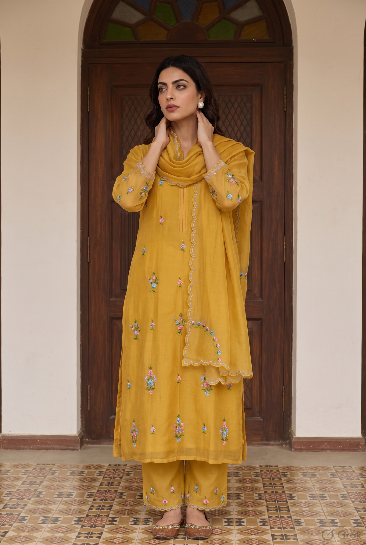 Veya Thread Embroidered Kurta Set in Vintage Yellow