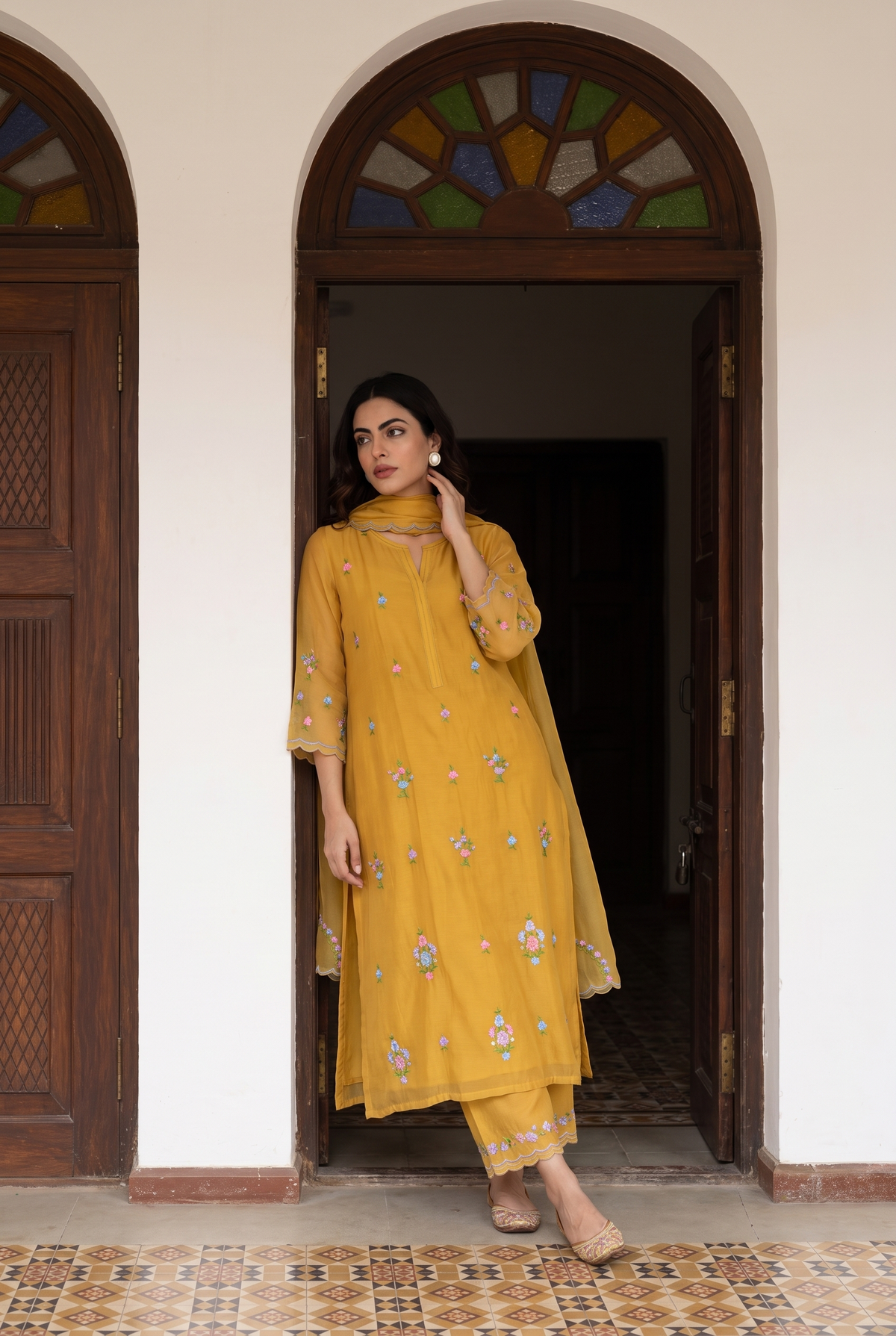 Veya Thread Embroidered Kurta Set in Vintage Yellow