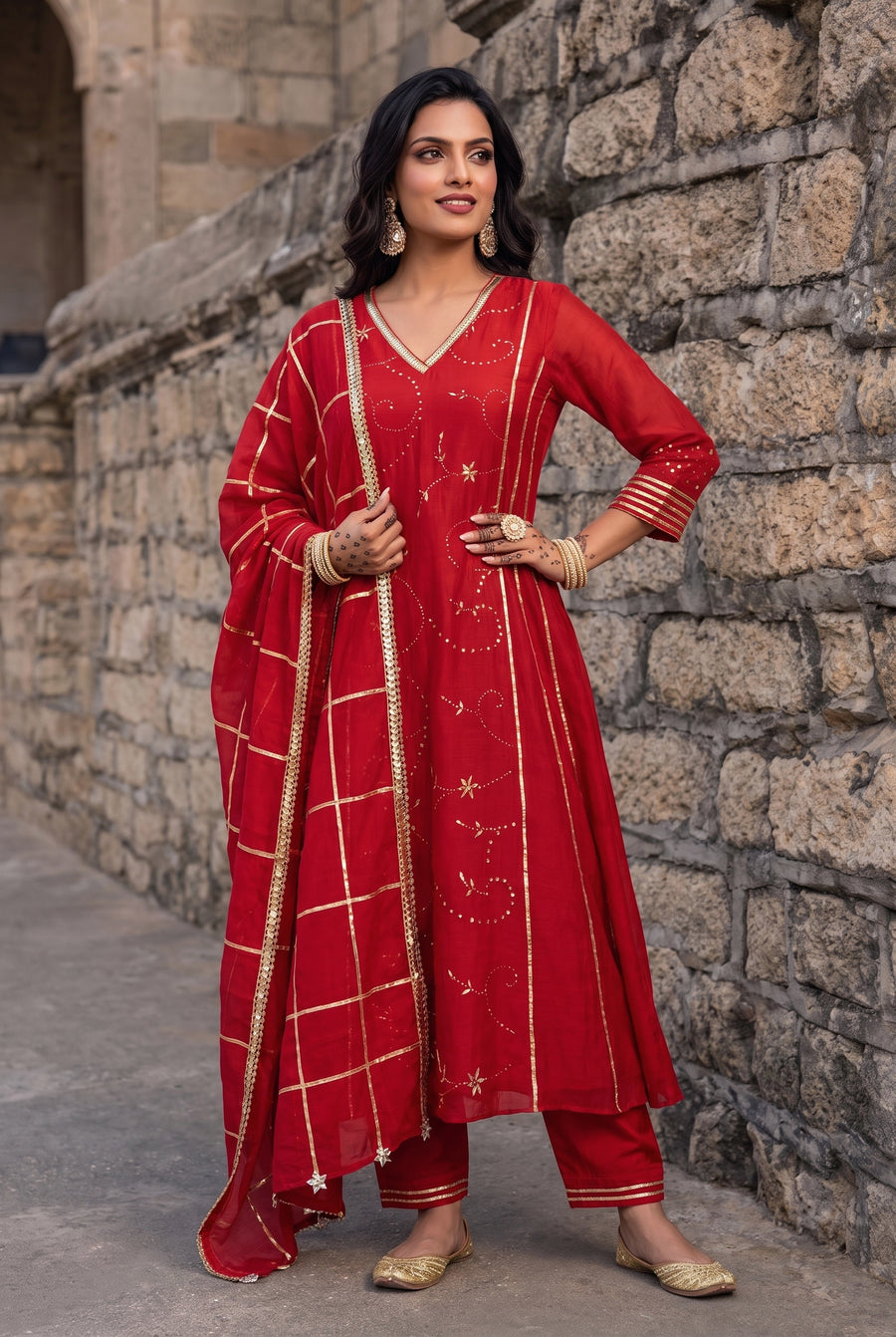 Raha Mul Chanderi Mukaish Anarkali Set in Red