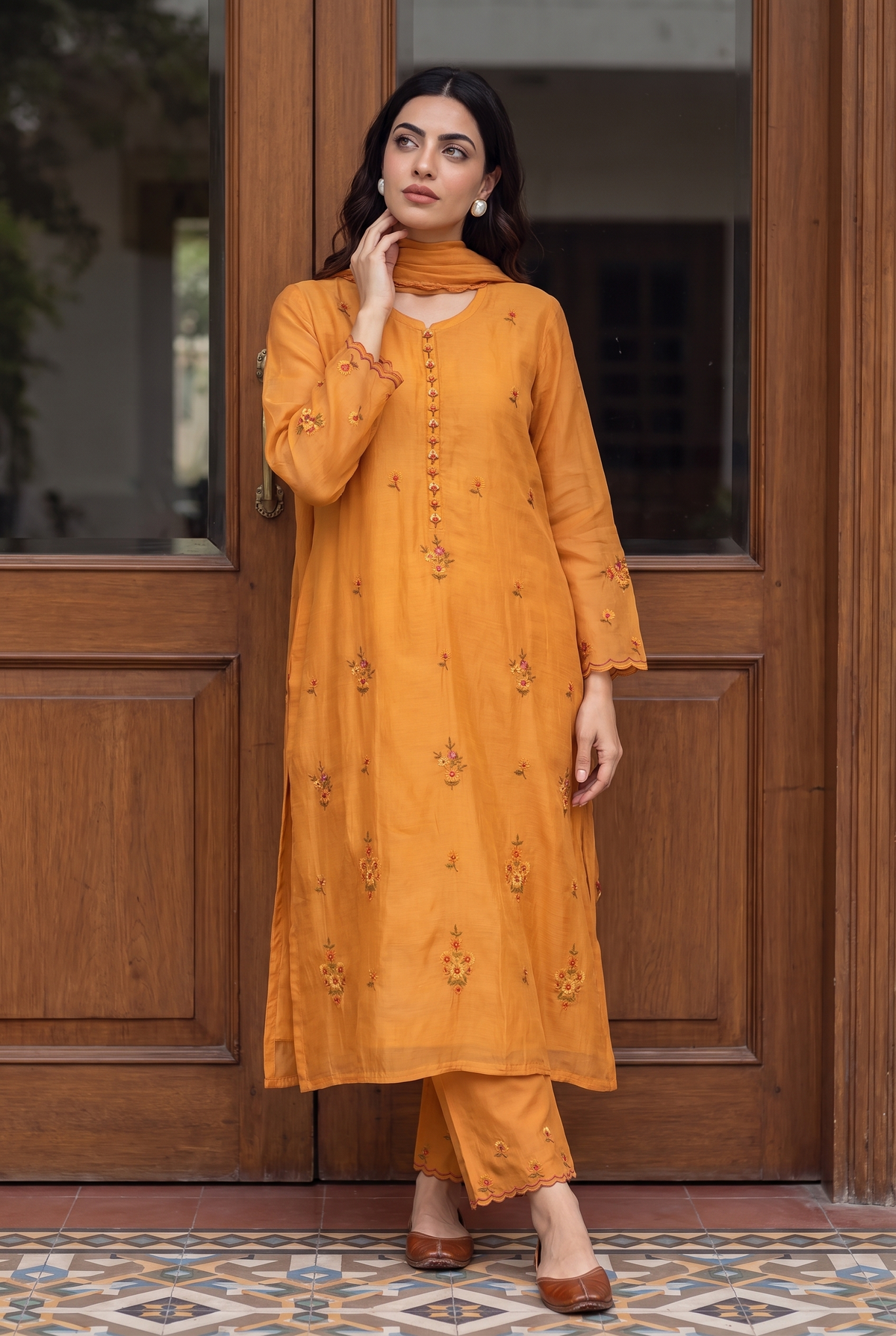 Veya Thread Embroidered Kurta Set in Vintage Orange