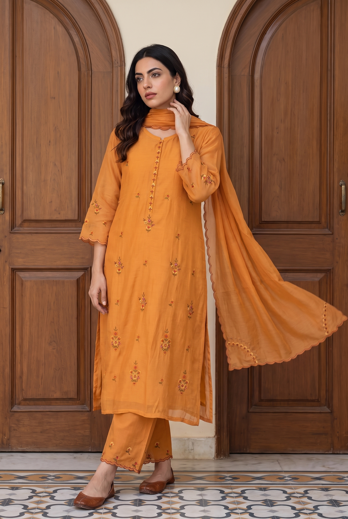 Veya Thread Embroidered Kurta Set in Vintage Orange