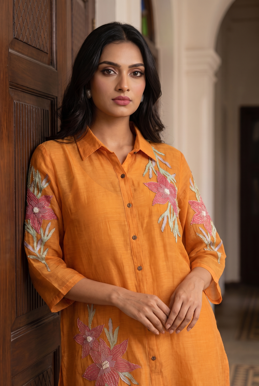 Ira Mul Chanderi Co-ord Set in Sunset Orange