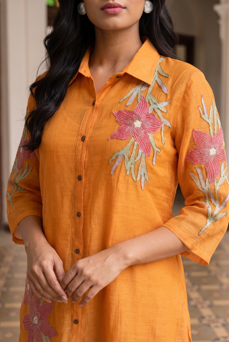 Ira Mul Chanderi Co-ord Set in Sunset Orange