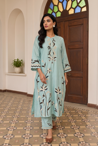Surkhi Mul Chanderi Kurta Set in Blue Green