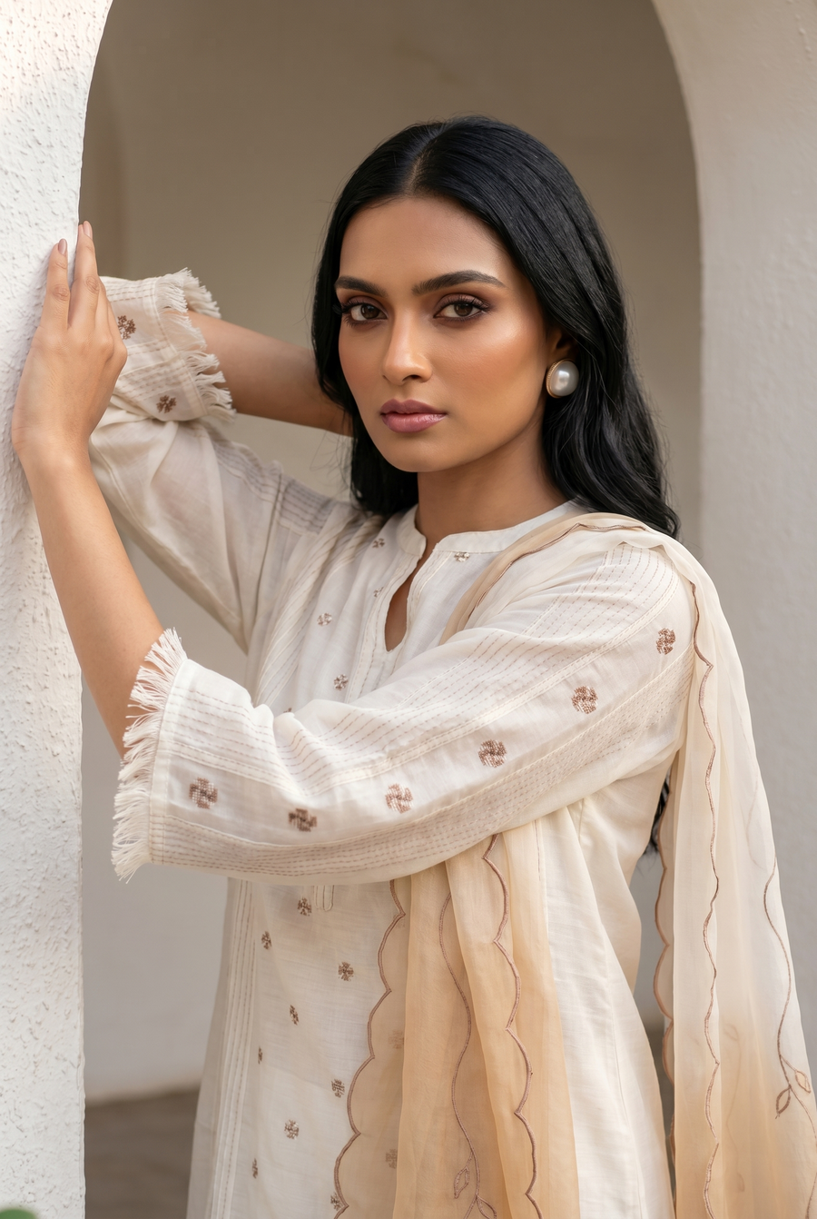 Ivory Cross-stitch & Cord Embroidered Kurta Set with Beige Ombre Dupatta
