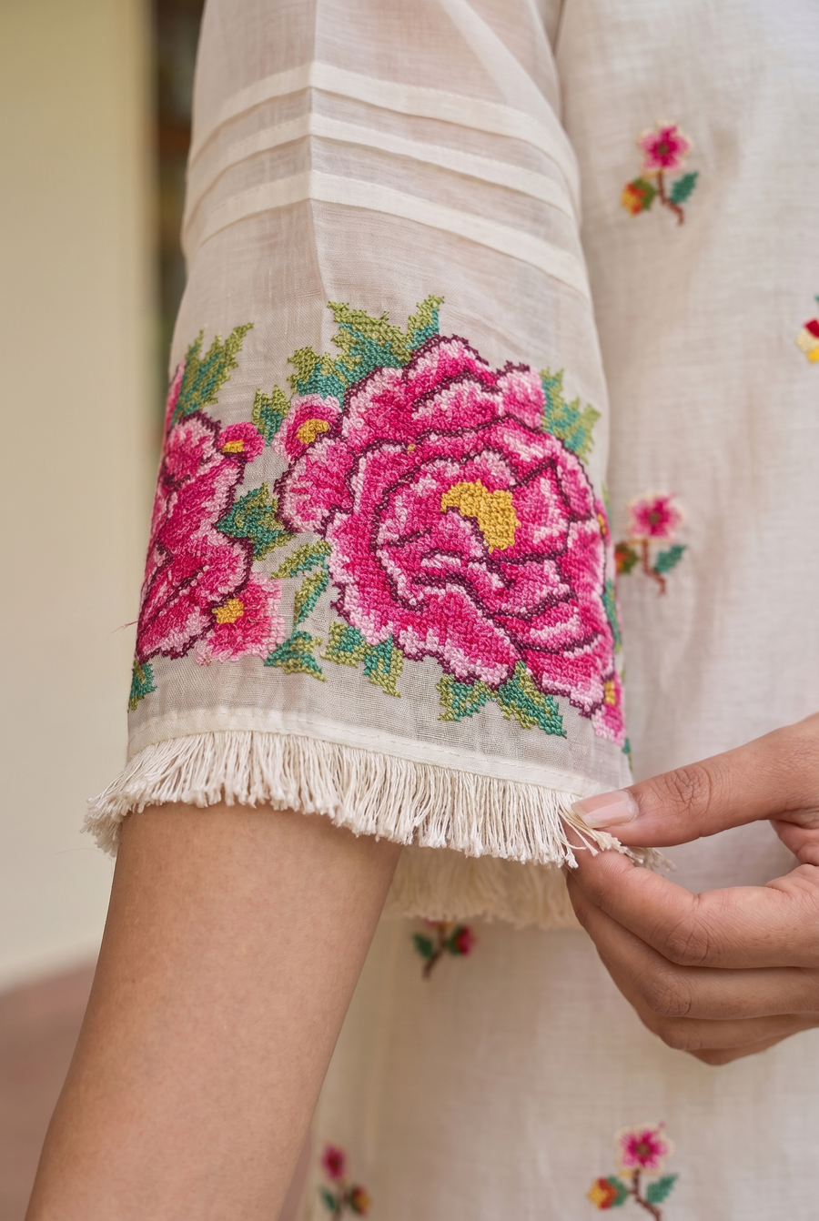 Zia Cross-Stitch Pure Mul Chanderi Kurta Set