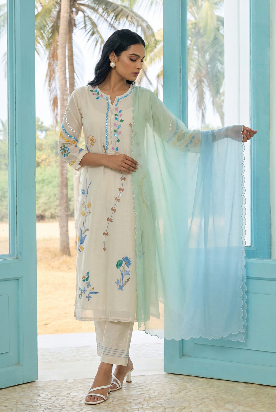 Ivory Applique and Cord Embroidered Kurta Set with Ombre Dupatta