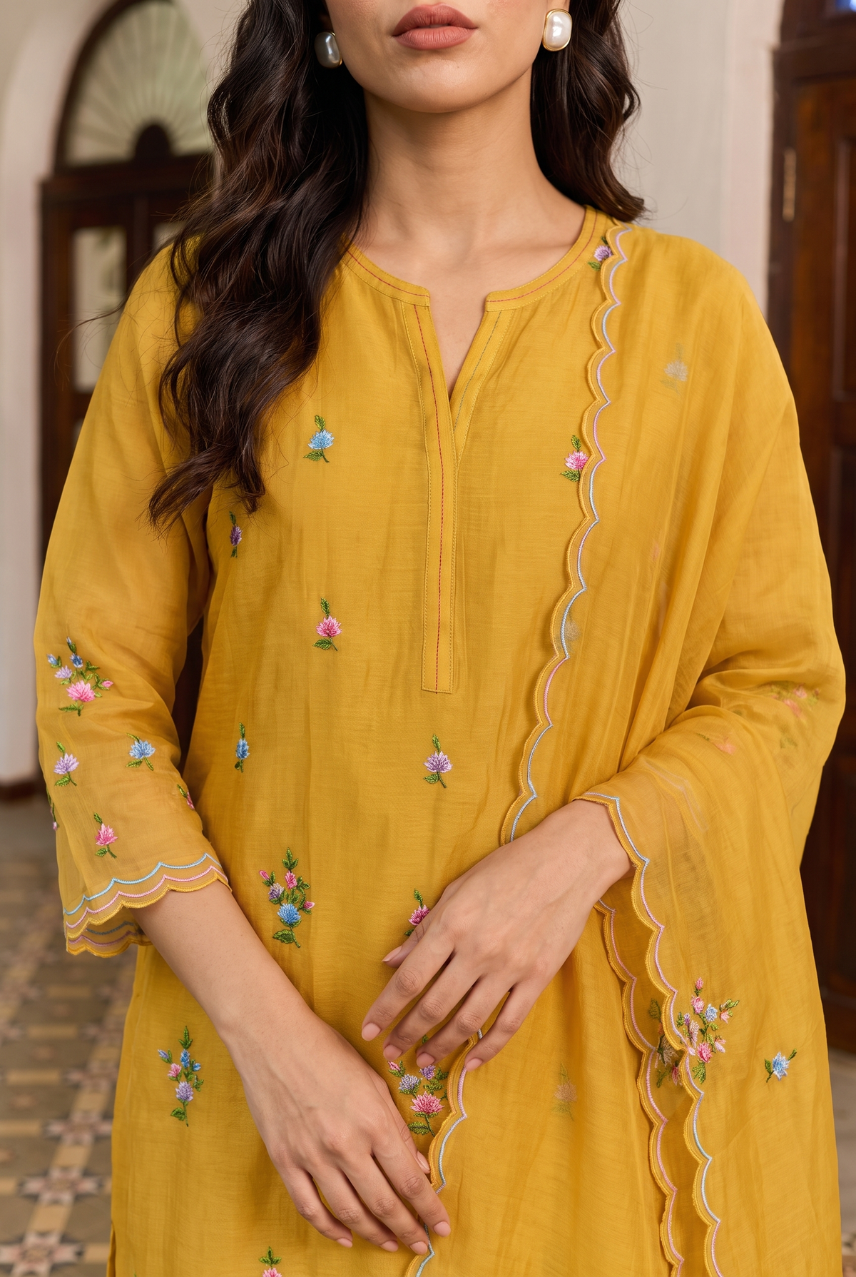 Veya Thread Embroidered Kurta Set in Vintage Yellow