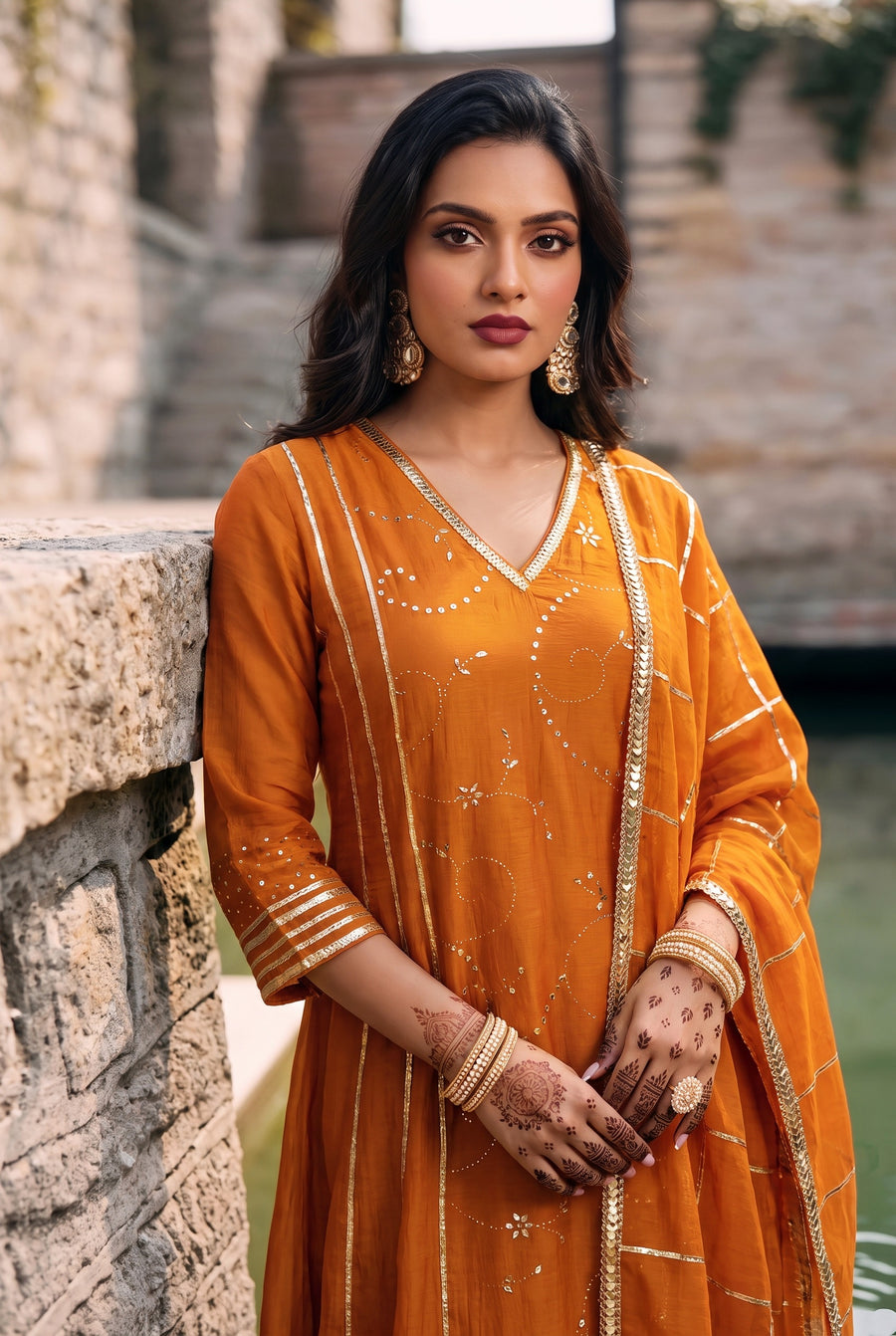 Raha Mul Chanderi Mukaish Anarkali Set in Orange