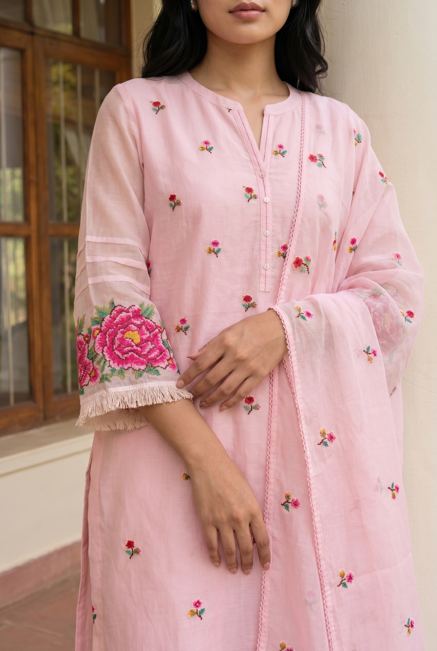 Zia Cross-Stitch Pure Mul Chanderi Kurta Set