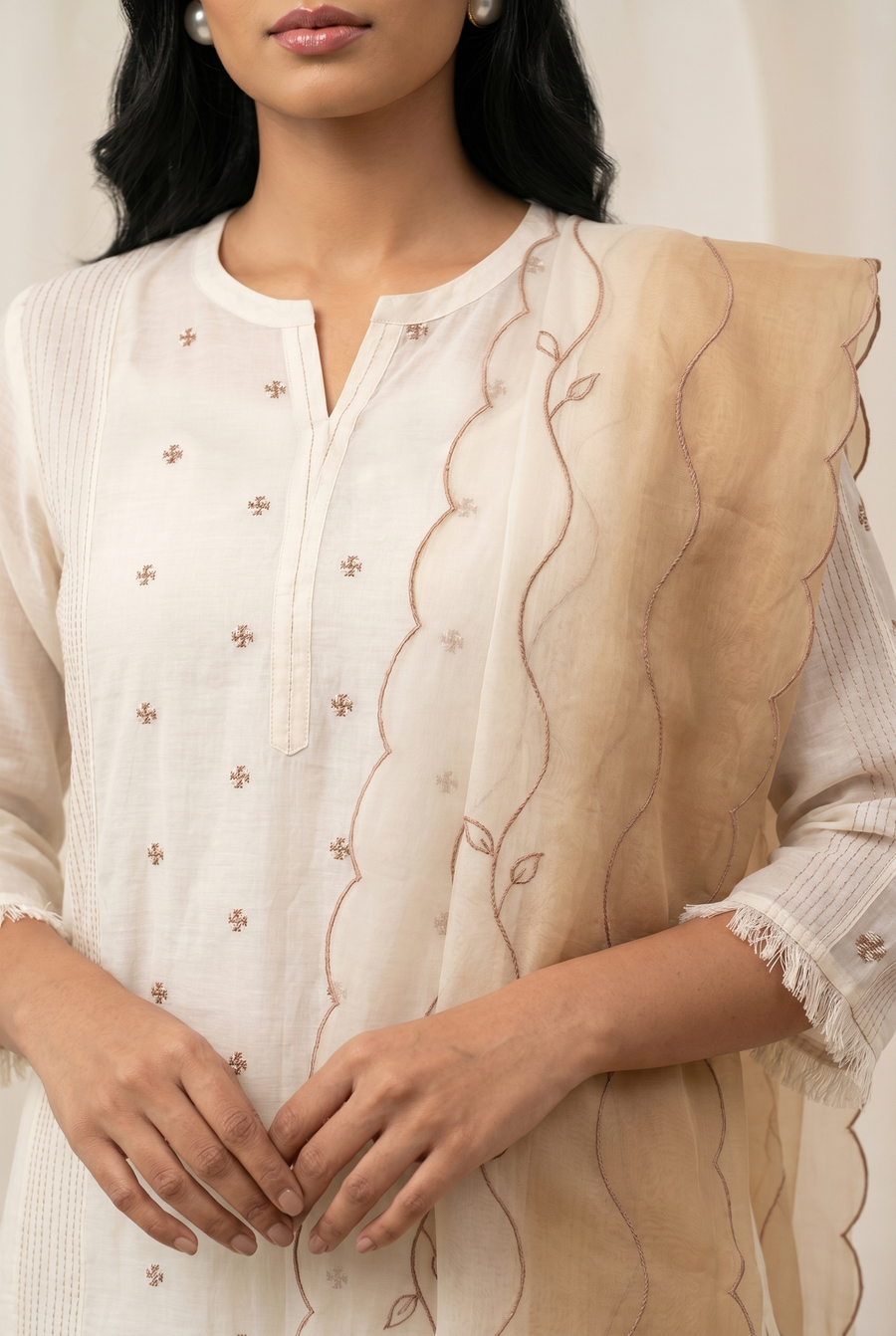 Ivory Cross-stitch & Cord Embroidered Kurta Set with Beige Ombre Dupatta