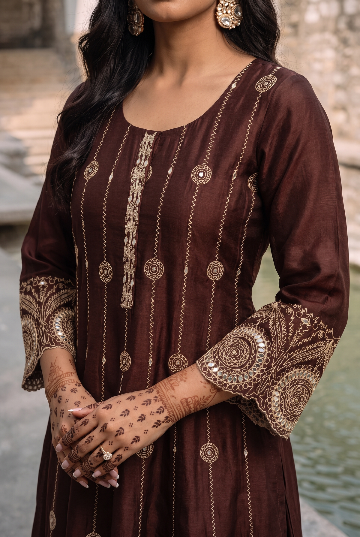 Deewani Silk Chanderi Anarkali Set in Red Berry