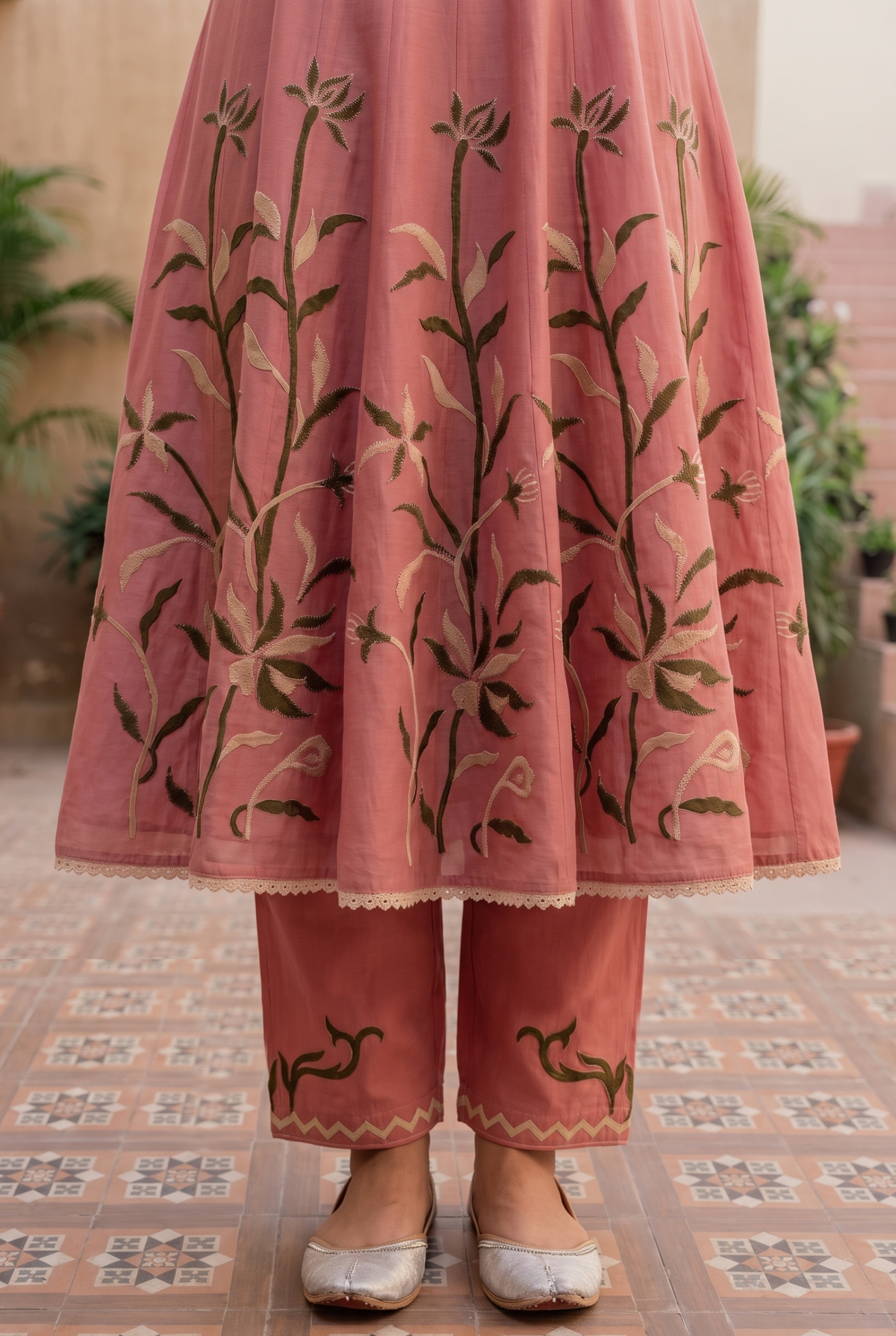 Surkhi Mul Chanderi Anarkali Set in Pink Sherbert