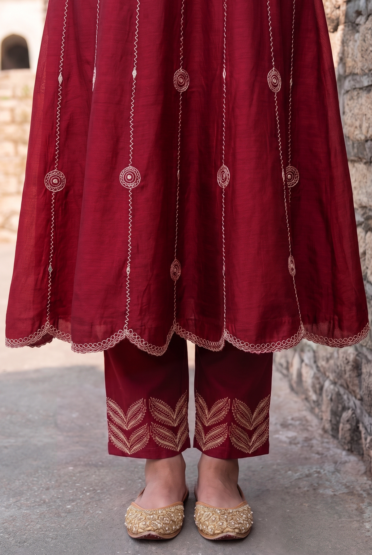 Deewani Silk Chanderi Anarkali Set in Red Berry