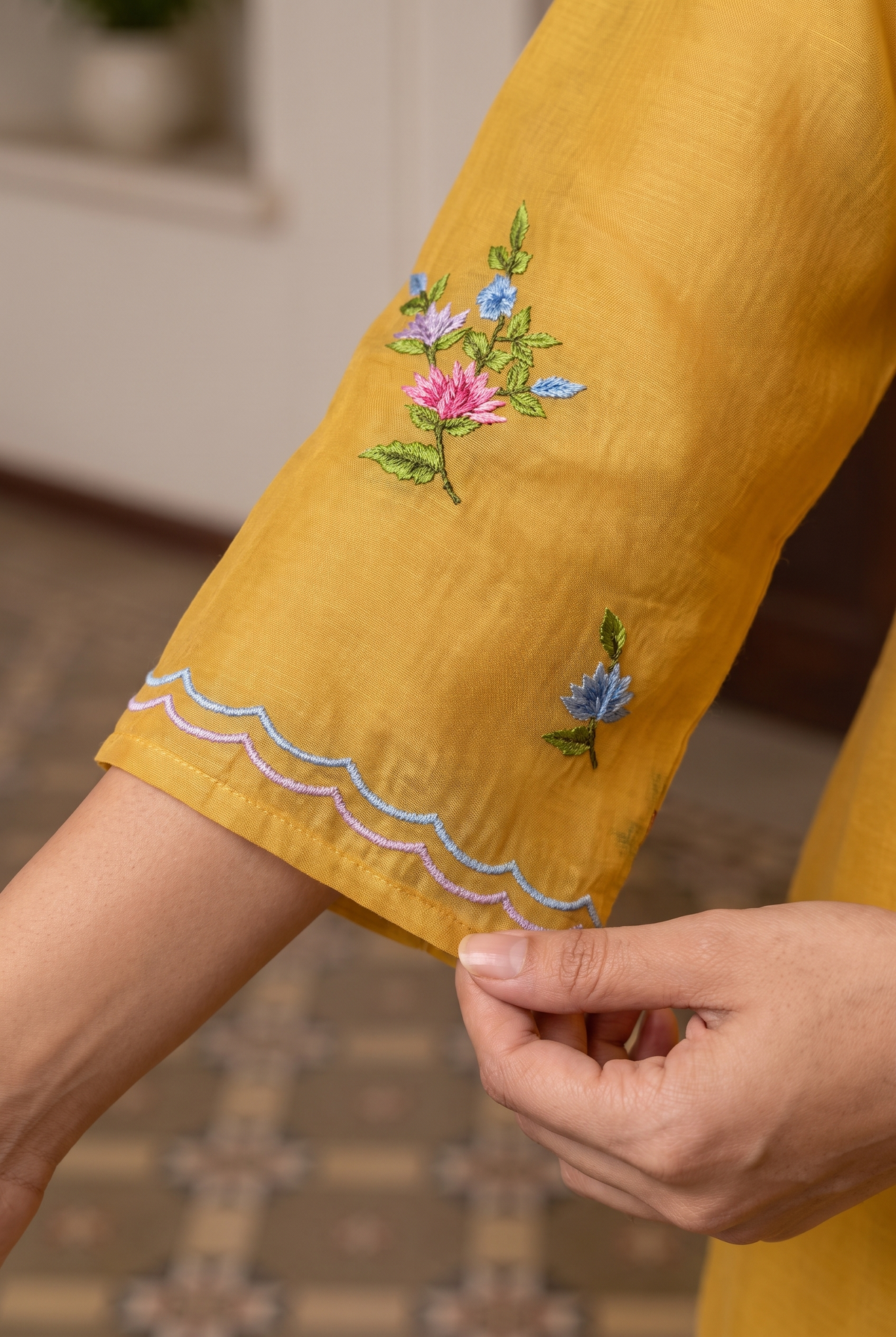 Veya Thread Embroidered Kurta Set in Vintage Yellow