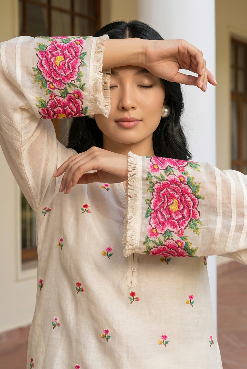 Zia Cross-Stitch Pure Mul Chanderi Kurta Set