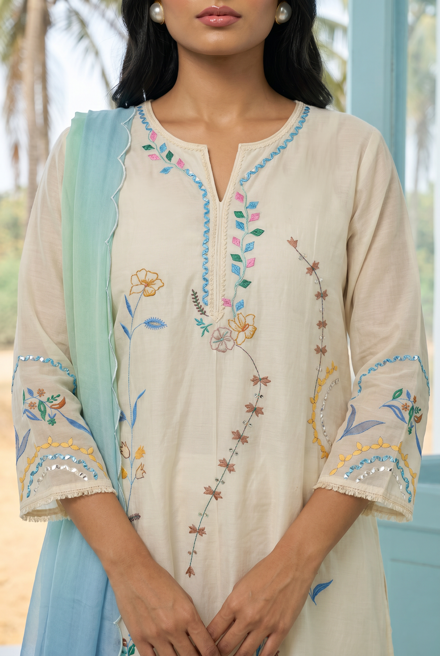 Ivory Applique and Cord Embroidered Kurta Set with Ombre Dupatta