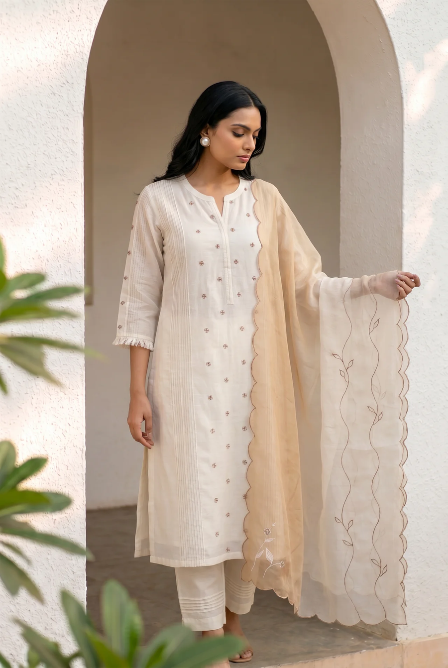 Ivory Cross-stitch & Cord Embroidered Kurta Set with Beige Ombre Dupatta